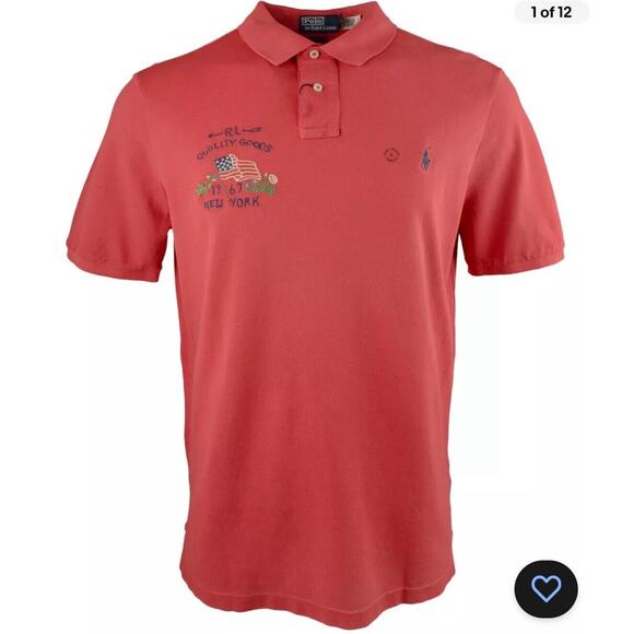Polo Ralph Lauren Classic Fit Flag Mesh Polo Shirt Evening Post, Red Orange XL - Picture 5 of 7